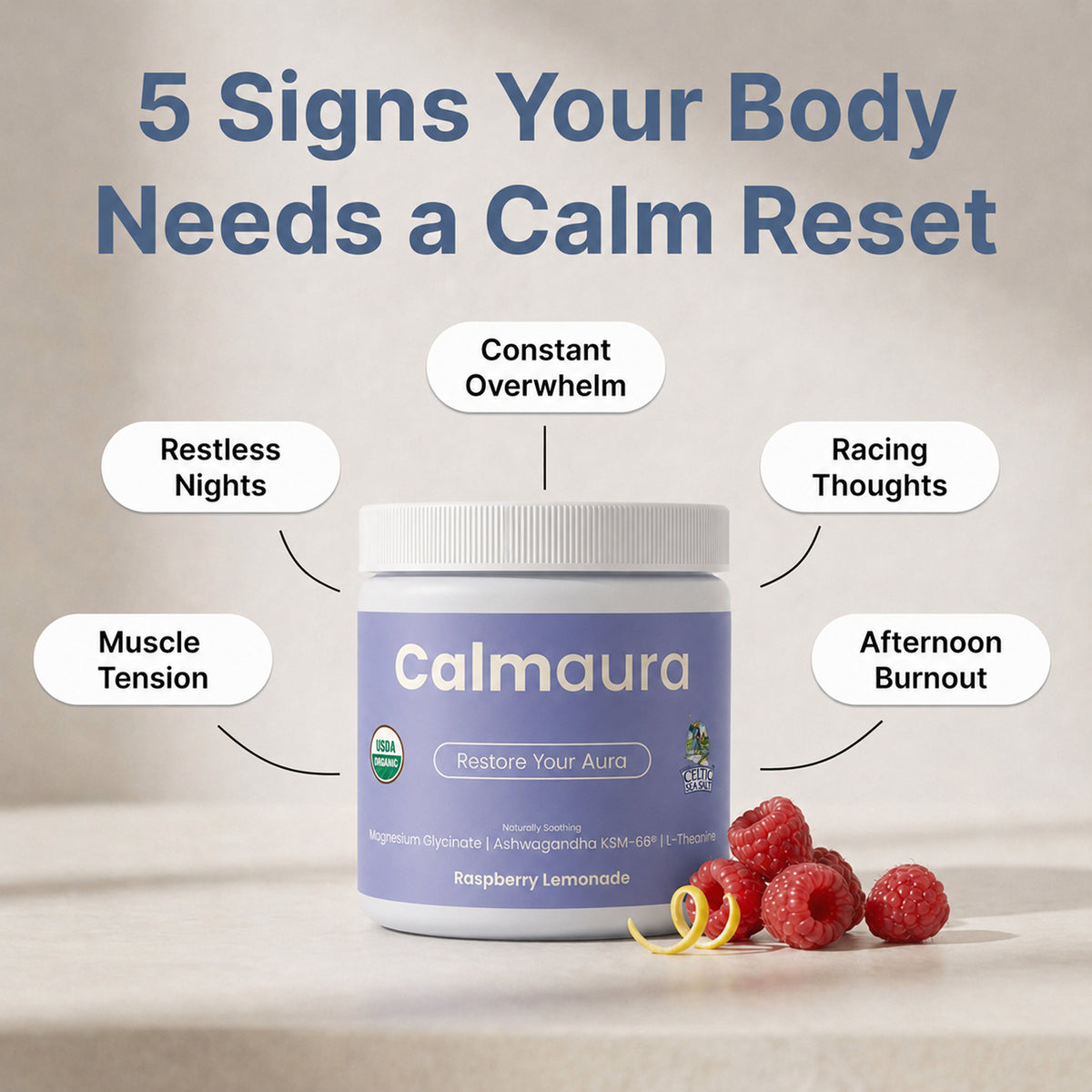 Calmaura Organic Magnesium Glycinate & Ashwagandha Drink Mix – Raspberry Lemonade, 30 Servings