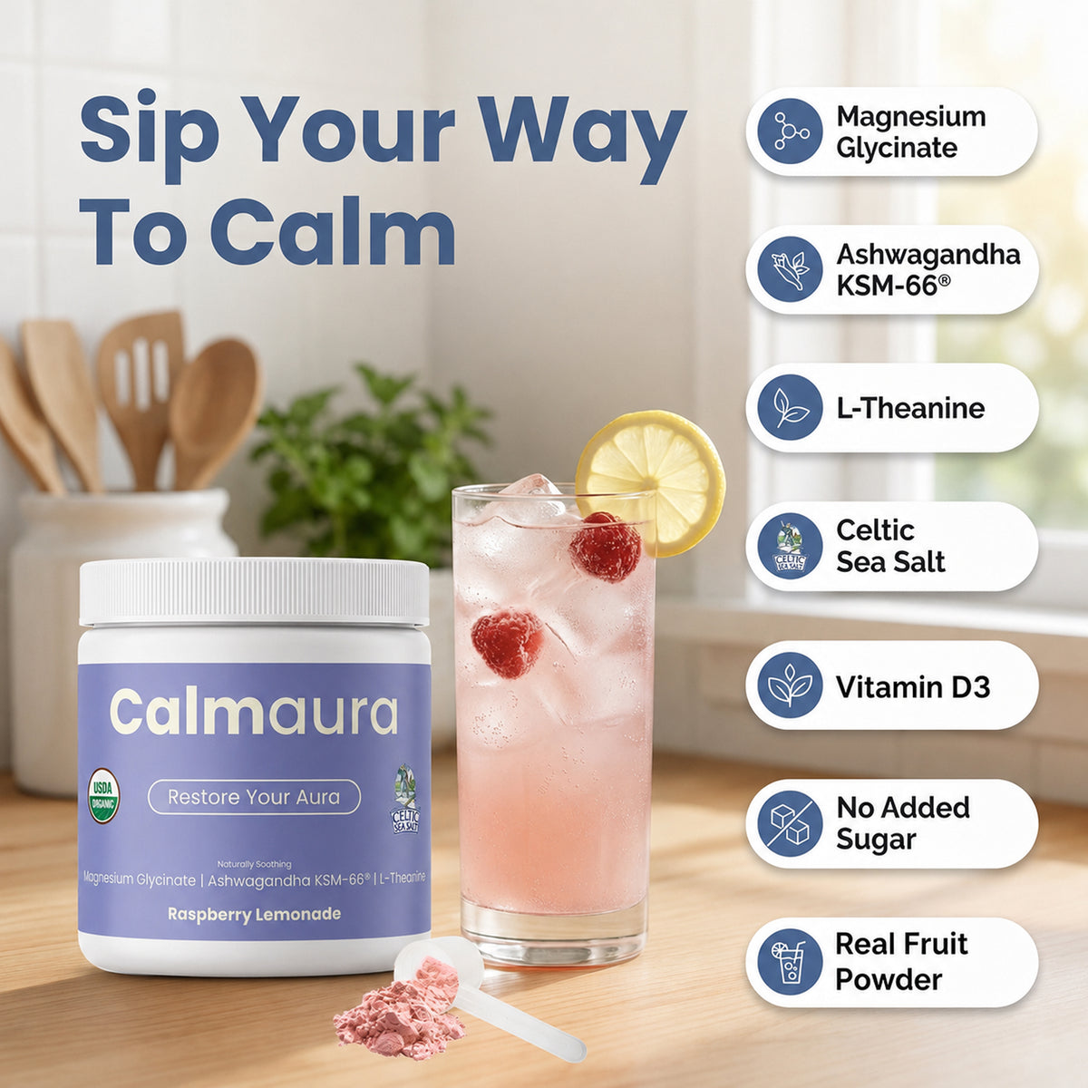 Calmaura Organic Magnesium Glycinate & Ashwagandha Drink Mix – Raspberry Lemonade, 30 Servings