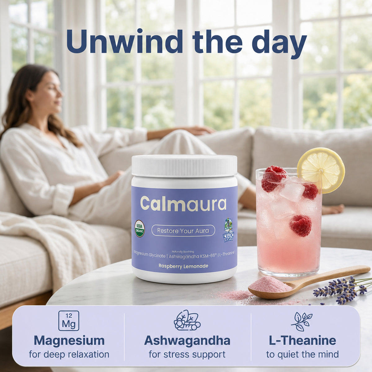 Calmaura Organic Magnesium Glycinate & Ashwagandha Drink Mix – Raspberry Lemonade, 30 Servings