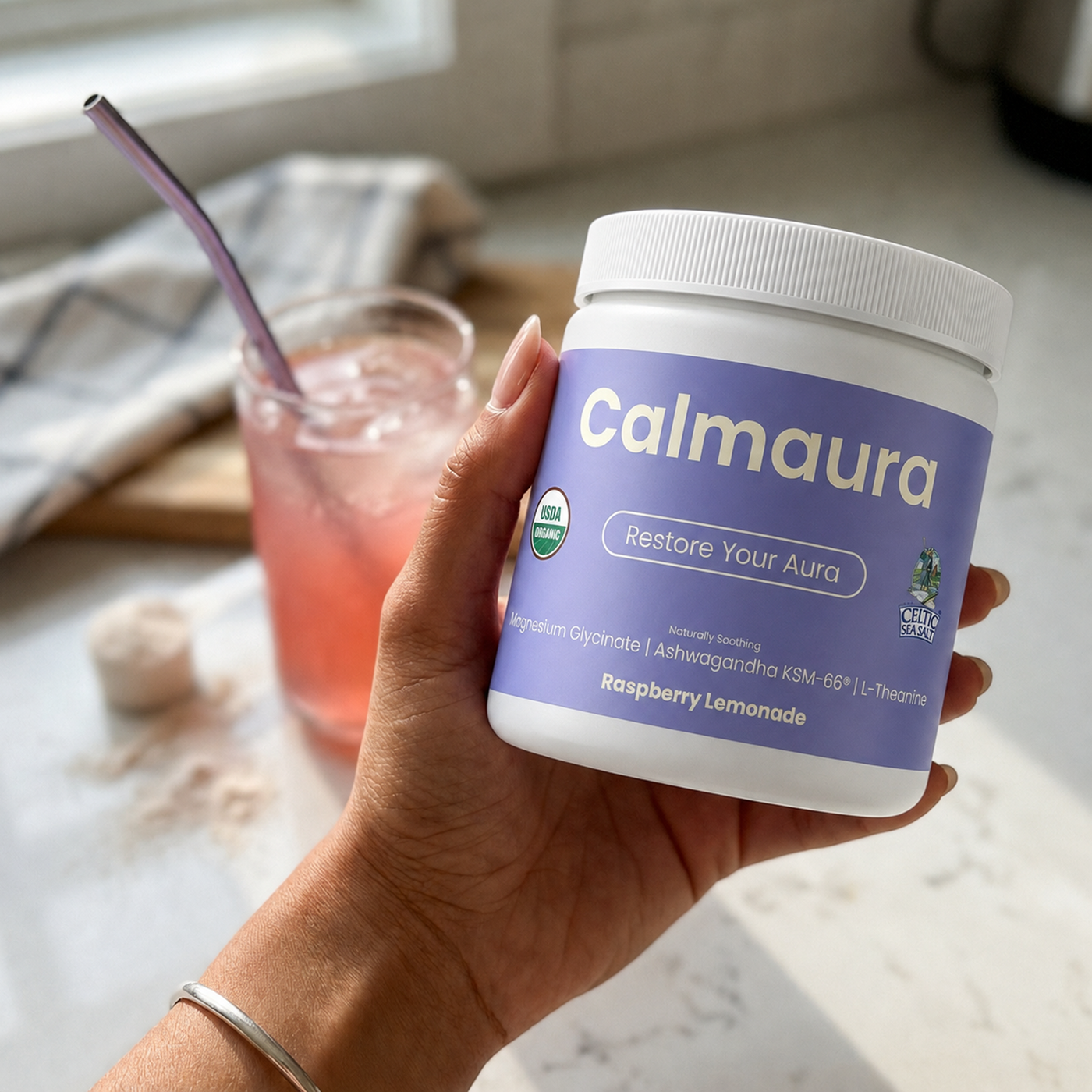 Calmaura — back-of-pouch label showing every ingredient and dose, on a brand lavender field.