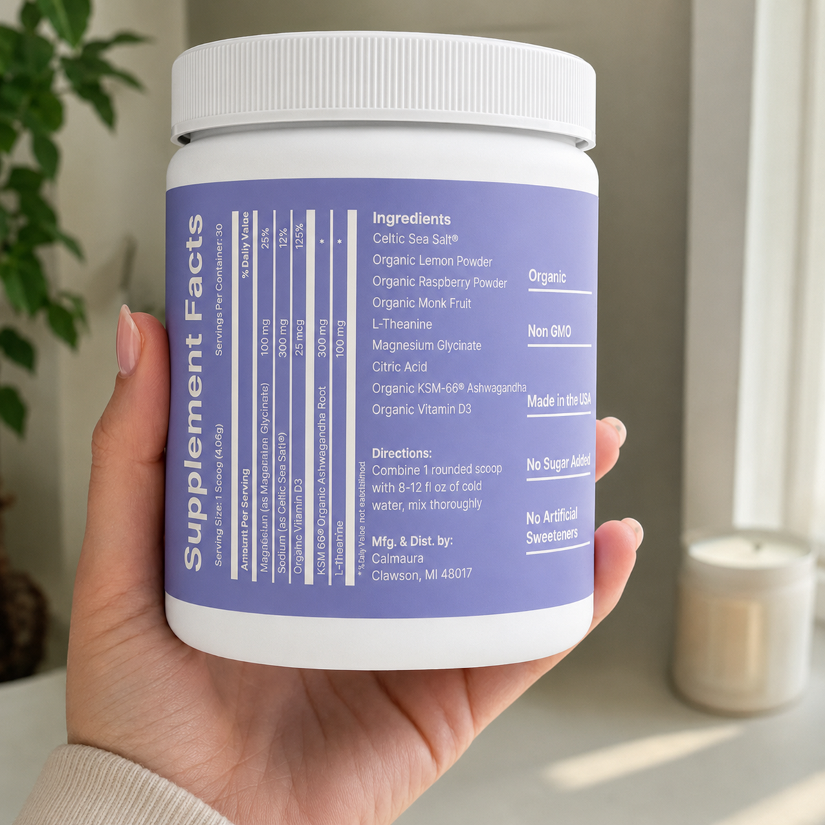 Calmaura's ingredient panel printed on the front of the pouch — every active named, every dose listed.