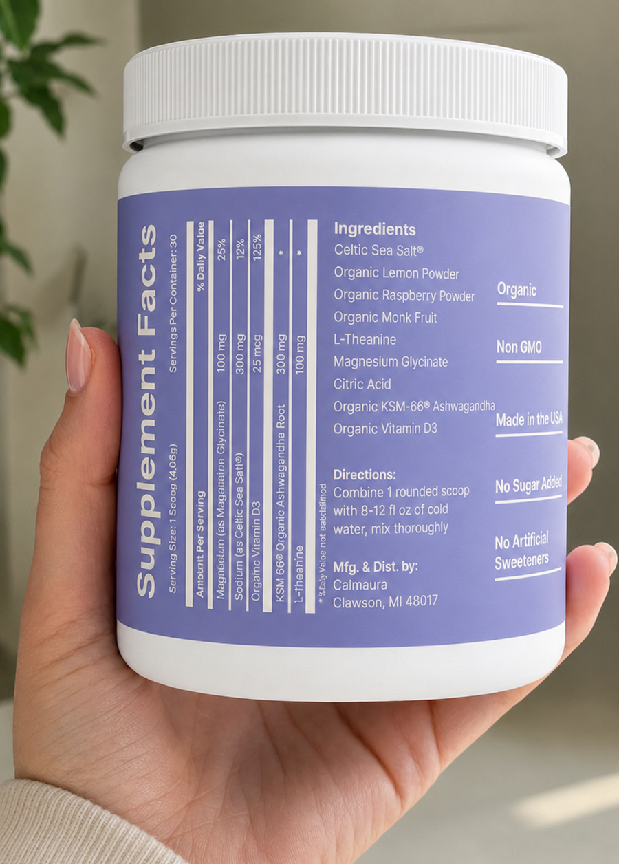 Calmaura back panel — every active named, every dose listed; sweetened with organic monk fruit; no stevia, no natural flavor extracts.