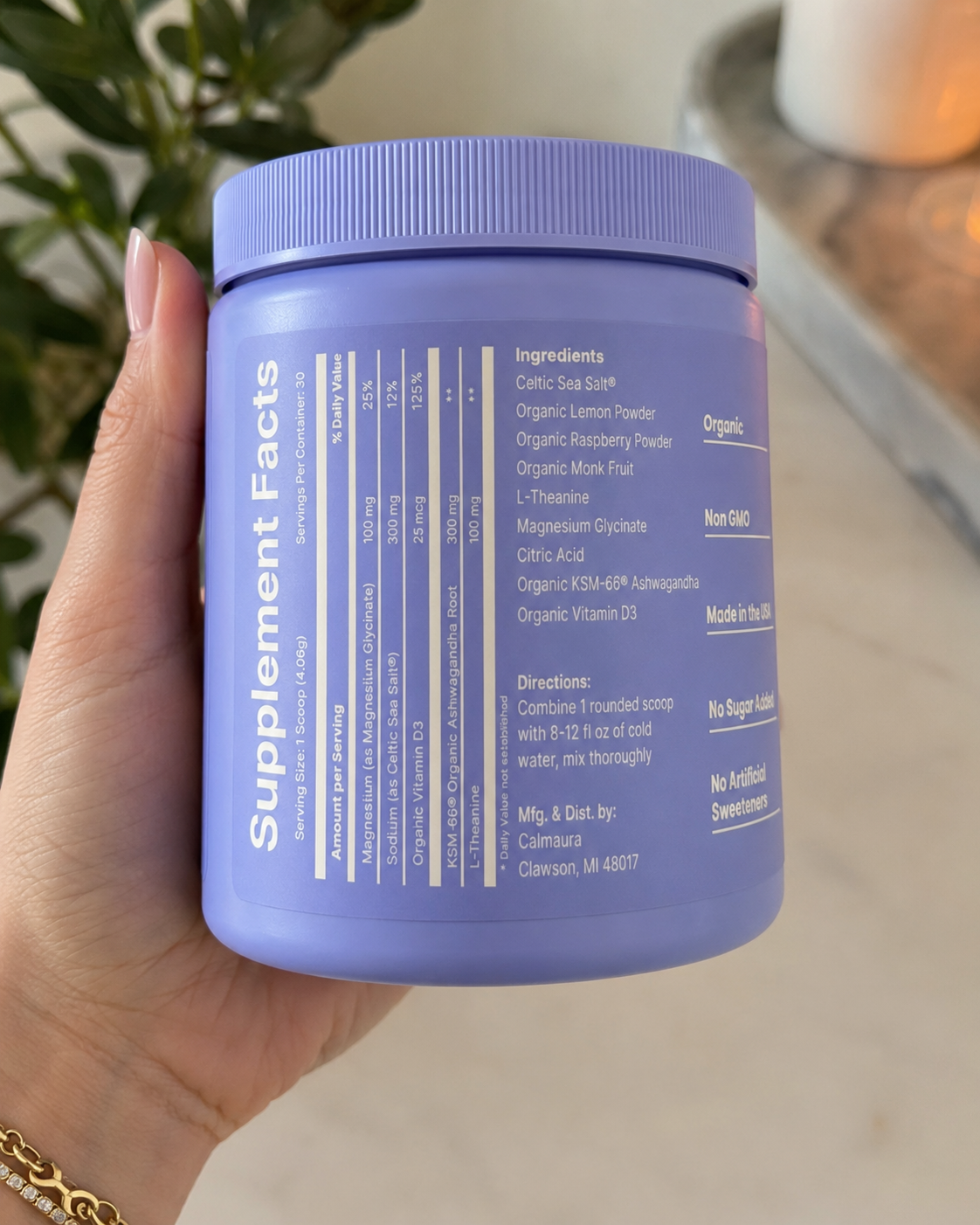Calmaura's ingredient panel printed on the front of the pouch — every active named, every dose listed.