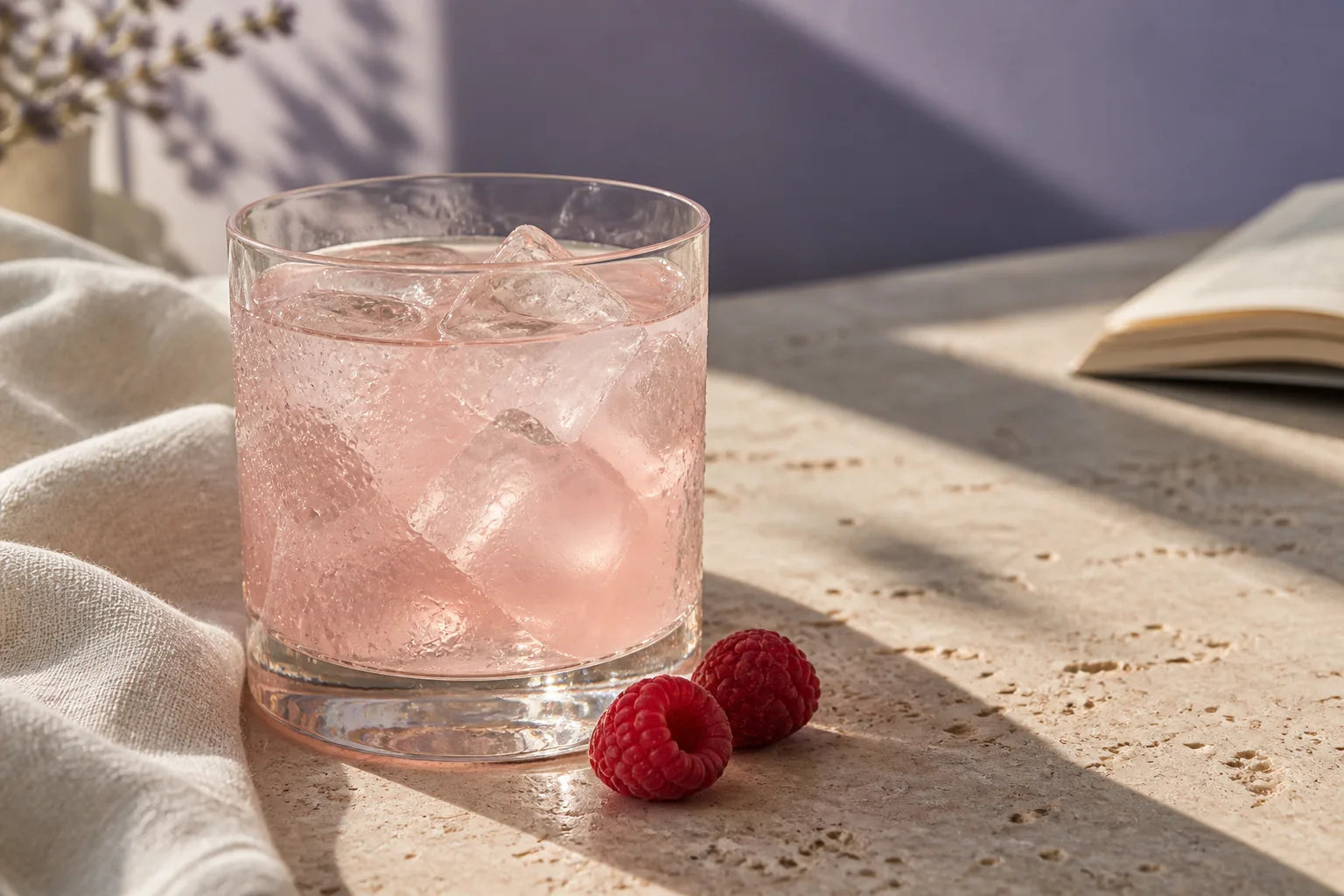 A glass of pink raspberry lemonade in warm afternoon light