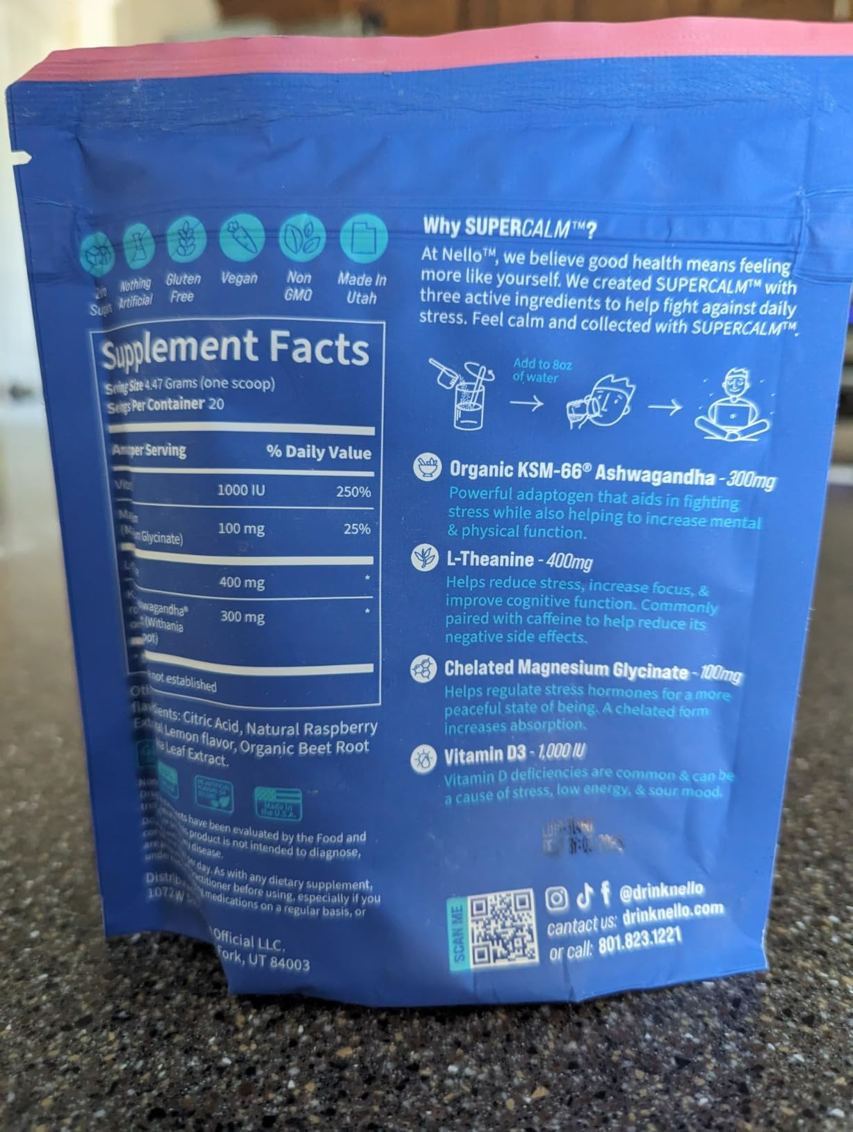 Nello SUPERCALM™ back panel — ingredient list includes Stevia Leaf Extract, Natural Raspberry Extract, Lemon flavor.